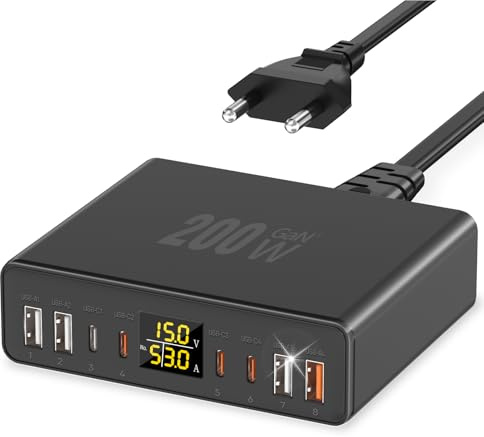 YSYFAD USB C Ladegerät Mehrfach 8-Port mit LED Anzeige 200W USB Ladestation