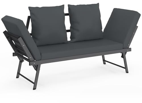 IDMarket - Gartensofa, umwandelbare Bank NOLA 2/3-Sitzer mit neigbaren Armlehnen aus Metall und anthrazitgrauen Kissen