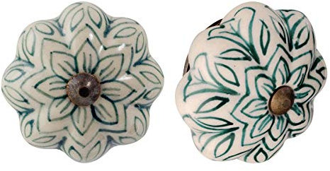 Nicola Spring Ceramic Cupboard Drawer Handle Knobs - Vintage Flower Design - Dark Green - Pack of 6