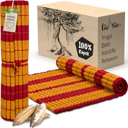 livasia Rollmatte XXL breit Doppelbett - 200x145x4,5cm - Gästebett Gästematratze 2 Personen mit Muster, Reisebett für Kofferraum und Outdoor, Thaimatte Kapok Garten und Balkon (Rot/Gelb)