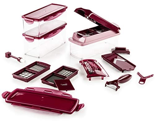 Genius Nicer Dicer Plus (18 Teile) in rubinrot - Obstschneider Zwiebelschneider Pommesschneider Tomatenschneider Gemüseschneider - Würfel, Stifte, Scheiben, Streifen