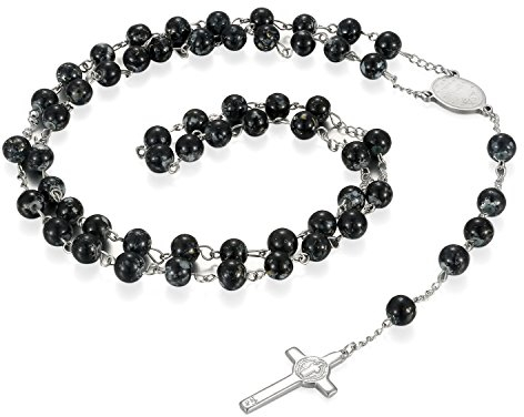 JewelryWe Schmuck Edelstahl Glas Anhänger Halskette Schwarz Silber Kruzifix Kreuz Jesus Christus Porträt 33 Zoll Kugel Kette Retro Herren,Damen