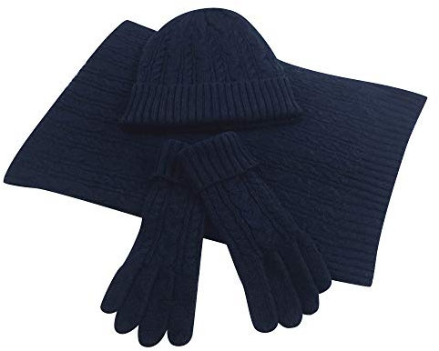 UK_Stone Xmas Damen Unifarbe Wolle Schal Handschuhe Mütze Set, Marine