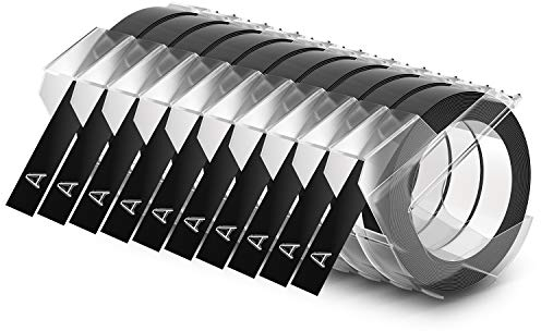 Dymo-Prägeetiketten (selbstklebend, 9mm x 3M) weiß auf Schwarz, 10 Stück