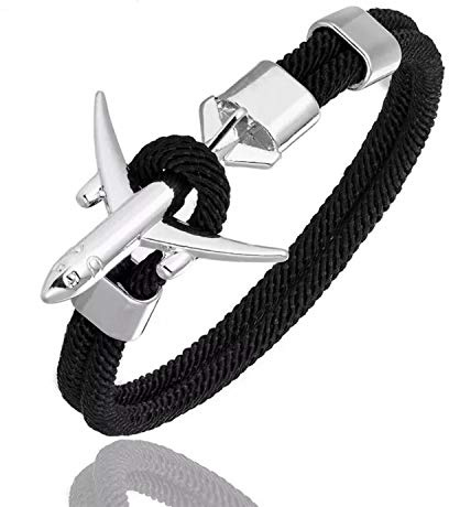 IzuBizu London Mens Unisex Stainless Steel Silver Airplane Anchor Bracelet Aviation Rope Chain Airforce Plane Travel Holiday Birthday Easter