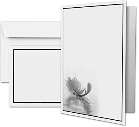 50 x Trauerkarte DIN A6 Motiv Feder + Trauerumschläge DIN C6 - schwarzer Trauer-Rahmen - 10,5 x 14,8 cm - Doppelkarte bedruckbar - Kondolenz Set für Danksagung, Einladung, Anzeige Trauer