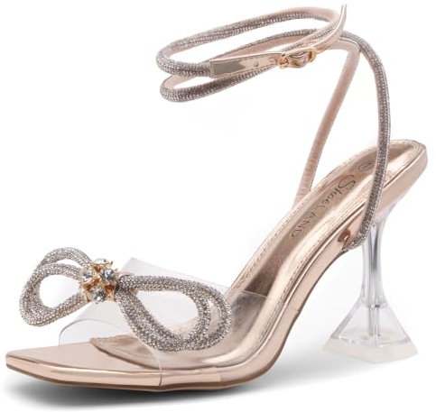 Shoe Land SL-NAOMI Damen Sandalen mit durchsichtigen Absätzen und doppelten Schleifen, offener Zehenbereich, Stiletto, High Heels, Kleid, Party, Hochzeit, Kristallschuhe, Clearrosegold, 40.5 EU