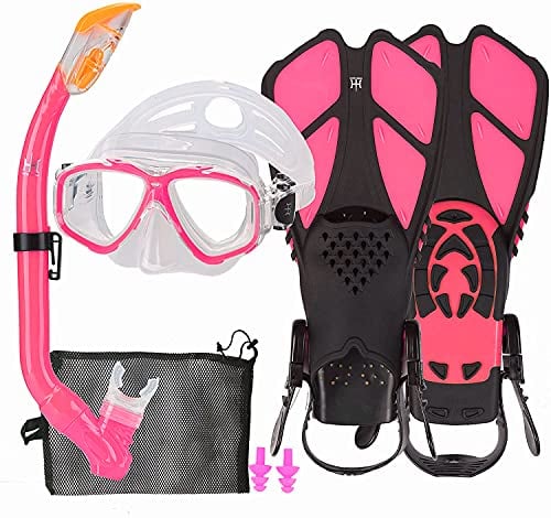 HH HHAO SPORT Schnorchelset Kinder mit Flossen, 180° Panorama Weitblick Taucherbrille Kinder, Verstellbaren Schwimmflossen, Hochwertige Tauchermaske und Dry Top Schnorchel, mit Tragetasche