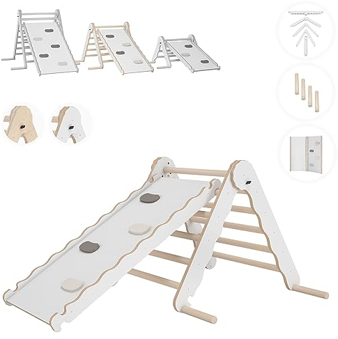 MAMOI® Klettergerüst Indoor, Kletterdreieck mit rutsche Holz, Baby Kinder Klettern, Kletterturm rutschbrett, Kletterbogen kinderrutsche, Regenbogenwippe, Montessori Spielzeug ab 1 Jahr 2/3 Jahre