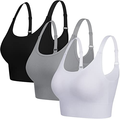 ANGOOL Sport BH Damen Starker Halt Push Up Einstellbarer Schultergurt Sport Bustier Damen Gepolstert Nahtlose Ribbed Ohne Bügel Joggen Yoga Fitness, Schwarz+grau+weiß, L
