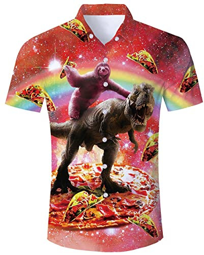ALISISTER Faultier Dinosaurier Hawaiihemd Herren Tropical Button Down Hawaii Hemd Kurzarm Blau Grün Aloha Blusen Kurzarm Hemded Party Beach Hawaii Luau Tshirts M