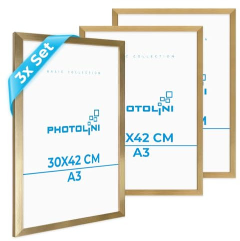 PHOTOLINI Cadre A3 30 x 42 bois MDF doré, lot de 3 cadres photo pour posters et affiches, verre acrylique incassable, décoration murale à suspendre, avec accessoires supplémentaires