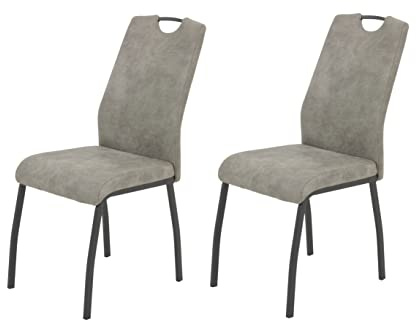 Hela Tische, 2er Set Esszimmerstuhl Küchenstuhl Elif, Stuhl, Mikrofaser Grau,Metallgestell 4Fuß Grau, Lehne mit Griff, 140kg belastbar