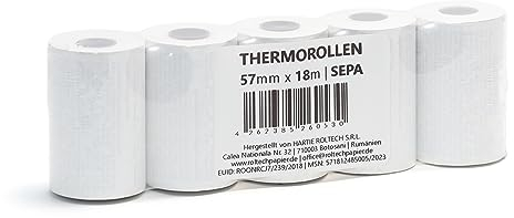 ROLTECH | 5 Thermorollen | 57mm x 18m x 12mm | mit SEPA-Lastschrifttext | BPA frei | EC Cash | Kassenrollen | Thermopapier | Bonrollen | Premium Qualität (5 Rollen)