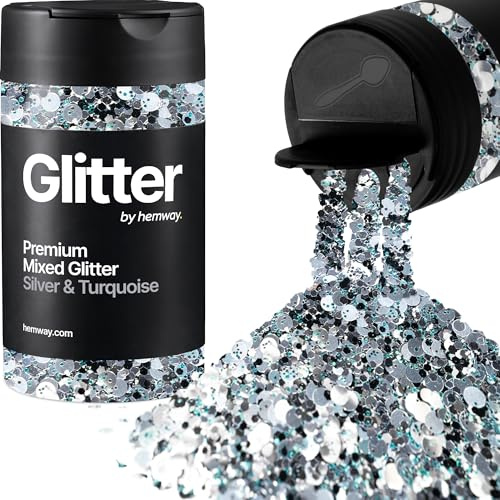 Hemway Silver & Turquoise Mix Glitter Shaker, 105g Mixed Size Glitter | for Resin & Epoxy Crafts for Decorating, Halloween, Christmas, Nail, Face, Art