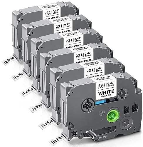 UniPlus 6x Kompatibel Tze-231 für Brother P-touch Bänder 12mm TZe231 Tz 231 Tzc231 Laminated Schriftband Schwarz auf Weiß für P-Touch PT-H100lb PT-H105 PT-D210 PT-E110 PT-H100r PT-H108 PT-1010 PT-1000