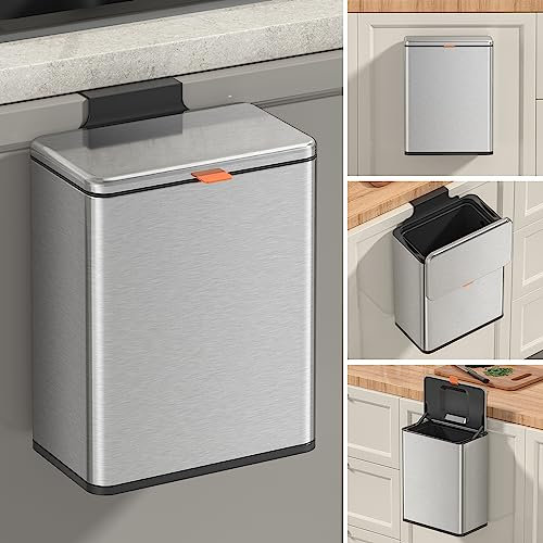 Mbillion Cubo de basura colgante de acero inoxidable de 2.1 galones con tapa, para armario de cocina, puerta, debajo del fregadero, puerta de caravana, baño, plateado