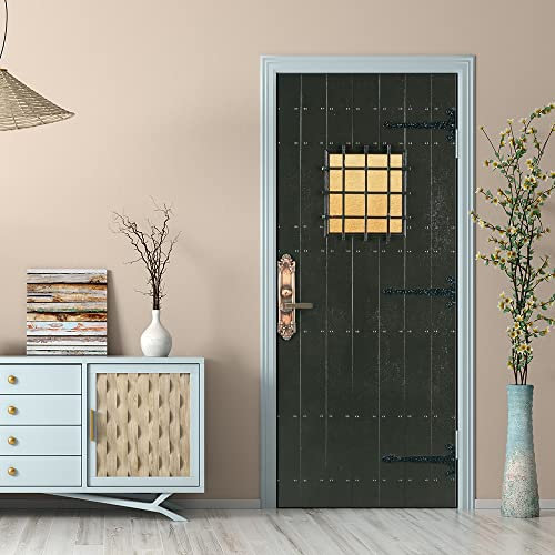stickers paroi de douche 85x215cm(33.46 inches * 84.64 inches)Porte de fer fenêtre Sticker De Porte Trompe l'oeil 3D PVC Imperméable Muraux Wall Sticker Autocollant Art Decor Vinyle Mural Salle De Bai