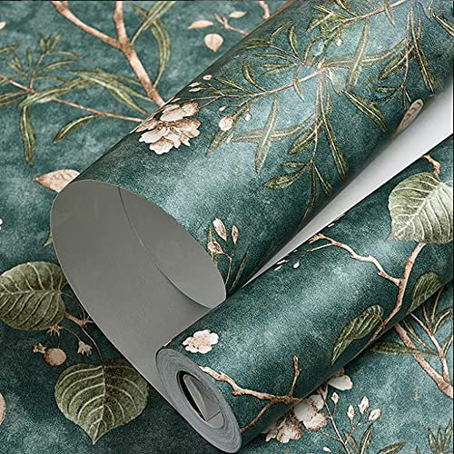 FNMHime 20.87″Wx393.7″L Dark Green Flower Non-Woven Vintage European Style Restaurant Bedroom Living Room TV Background Wall Non-Woven Vitage Wallpaper Non-Pasted