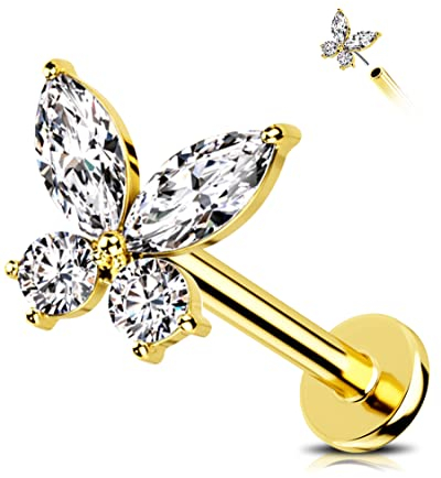 Jewseen 14K Gold Schmetterling Knorpel Piercing Gewindelose Flache Rückseite Ohrring Helix Piercing Schmuck Nase Stud Lippe Labret Piercingf oder Frauen Männer Titan Barbell