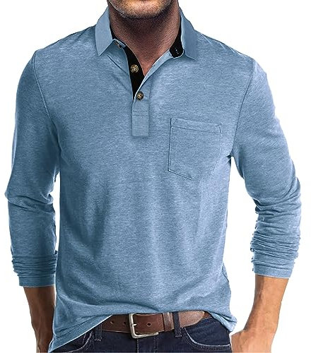 Mens Polo Shirts Long Sleeve Tops Casual Shirt Golf Top Cotton Tee Basic T-Shirt Knitted Buttons Blue XL