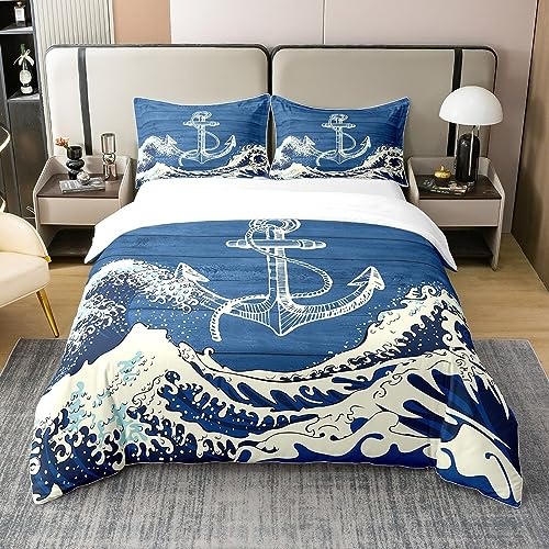 Homewish Japan Style Ozean Baumwolle Bettbezug 135x200 Jungen Mädchen | Seil Bettwäsche Set Blaue Hölzerne Scheune Plank Tröster Abdeckung Sommer Welle Bett Sets mit 1 Kissenbezug
