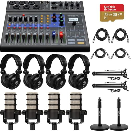Zoom LiveTrak L-8 Mixer and Recorder Bundle with 4x PodMic Dynamic Podcasting Microphone, 4x TAPH300 Semi-Open Back Headphones, 2x Broadcast Arm, 2x Microphone Stand, 4x Cables and 32GB Memory Card
