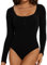 Joyshaper Body Côtelé Femme Élégant Bodysuit Manche Longue Col Rond Chemisiers Blouses Couleur Unie Combinaison String, Noir, M