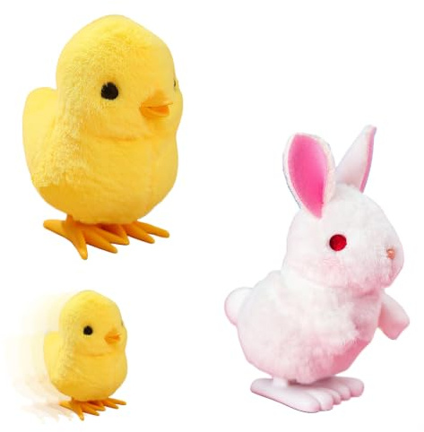 2 Stück Aufzieh Huhn Kaninchen Spielzeug für Kinder,Plüsch Huhn Kaninchen Aufziehspielzeug,Uhrwerk Lauf Spring Spielzeug Ostern Partyr Taschenfüllstoffe Osterkorb Füllstoffe und Kindergeburtstage