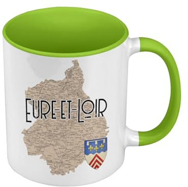 Mug de Couleur Qualité Premium Vert - Eure et Loir 28 Département Chartres Carte Ancienne - Tasse avec anse et intérieur de couleur