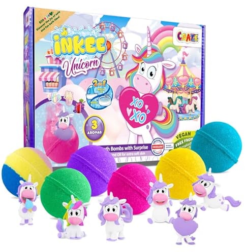 INKEE Geschenkbox Unicorn | Box mit 6 Badebomben für Kinder mit Überraschung, 6 Badekugeln mit Einhornfiguren in 6 verschiedenen Farben