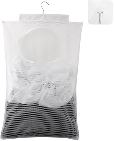 MOVKZACV Strapazierfähiger Wäschesack zum Aufhängen an der Tür, durchsichtiger Mesh-Polyester-Wäschesack mit selbstklebenden Haken für Schlafzimmerschränke, Türen, Wände, Reisen (Weiß, Schwarz)