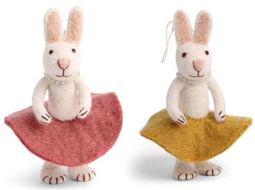 Gry & SIF Osterhasen Figuren klein zum Aufhängen oder Hinstellen, aufwendige Handarbeit mit vielen Details, Fairtrade, Osterdeko aus Filz | 1x Deko Häschen mit gelben und rosa Rock, 15 cm