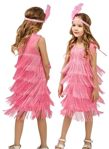 Happy Cherry Vestito da danza latina ragazza abito con frange glitter per bambini nappa abito da ballo samba tango rumba cha cha abbigliamento da ballo con fascia in piuma 4-12 anni, Colore: rosa.,