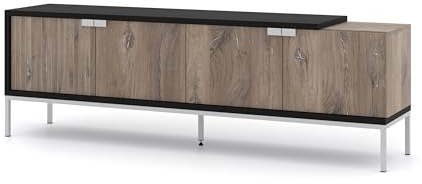 Homlando TV Schrank Toledo 191 cm 4D - Lowboard mit 4 Türen für Wohnzimmer - Moderner TV-Möbel mit Silberrahmen - Eiche Flagstaff/Schwarz Matt