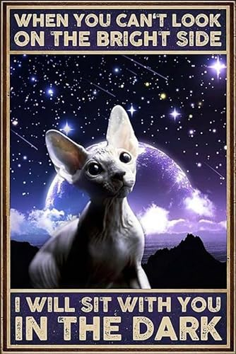 Metall-Blechschilder, Vintage, Aluminium, Sphynx Cat When You Can't Look On The Bright Side I Will Sit With You In The Dark, für Toilette, Bar, Pub, Club, Café, Zuhause, Restaurant, Wandkunst,