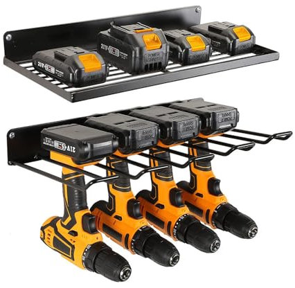 Storage Rack Wall Mount Drill Holder for 4 Power Drill Tools, Power Tool Organizer, Mesh anti-drop design, Improve Space Utilization, Utility Storage Rack for Garage, Workshop, Tool Library Etc
