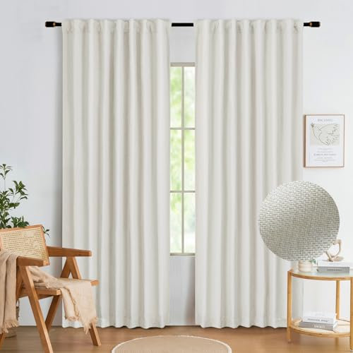 Abstractex Natural Ivory Blackout Curtains 54 Inch Long, Burlap Linen Textured Modern Thermal Insulated Rustic Farmhouse Back Tab Window Treatment for Bedroom Living Room Dining 52 W 2 Pcs