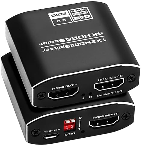 PNGOS 4K 60Hz HDMI Splitter 1 in 2 Out 1080P 120Hz HDCP2.2 HDR 18Gbps UHD Vision Atmos EDID Scaler 4K 1080P Dual Monitors HDMI 2.0 Splitter 1 in2 Out for PS5, SkyQ, Xbox, Fire Stick
