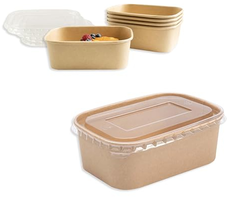 ECOPICNIC 50 Stück Einweg Papierschalen mit PET-Deckel | 750 ml rechteckige Salatschale to go, Suppenschale Einweg, Verpackung aus PETpapier mit PE-Beschichtung, kompostierbar