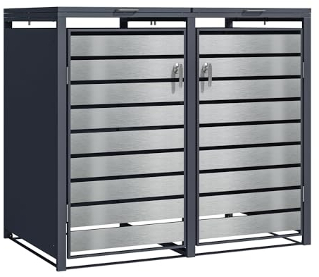 Phoenix Safe Company GB2213ASK Double Wheelie Bin Steel Storage - Silver effect - Outdoor Trash Can Storage Shed with Gas Pressure Springs and Locking System - Size: 80cm D x 132cm W x 116cm H