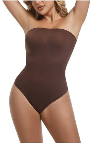 NUDESTORE Trägerloser Tanga Shapewear Damen Bauchweg Bodysuit Nahtloser Gymnastikanzug mit abnehmbaren Trägern, Braun, XXL