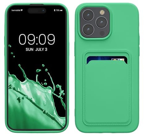 kwmobile Case Compatible with iPhone 15 Pro Max Case - TPU Phone Cover with Credit Card Holder - Lime Green