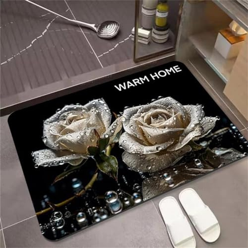 Hixingo Badematte rutschfeste 3D-Kristall-Rose Muster Badvorleger Saugfähige Kieselgur Bodenmatte Schnelltrocknende Badezimmerteppich Waschbar für Dusche, Badewannen, Küche (Weiße Rose,60x90cm)