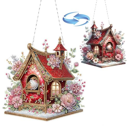 CXINLky DIY Diamond Art Painting Anhänger mit Kette, Fee Diamant Painting Fensterbilder, Halloween 5D Diamond Malerei Wandbehang Kits für Fenster Wand Eingang Garten Decor-04-Vogelhaus