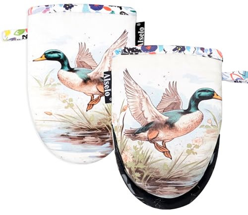 Alselo Mini Oven Mitts,2pk - Silicone Little Kitchen Gloves, Heat Resistant with Non-Slip Grip and Soft Quilted Cotton Lining for Safe Backing Cooking Barbecue (Darkgray, Duck)