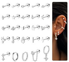 CASSIECA 25Pcs Helix Piercings Chirurgenstahl Medizinische Ohrringe für Damen,Silber Ohrstecker Set,Klein Ohrringe Creolen Silber,Conch Tragus Piercing Ohr Schmuck für Mehrere Ohrlöcher
