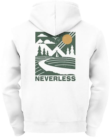Neverless® Herren Backprint Berge Outdoor Wald Camping Rückenaufdruck Kapuzenpullover Männer Fashion Streetstyle Weiss L