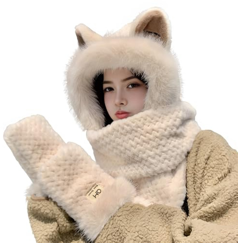 Ensemble 3 en 1 pour femme avec bonnet, écharpe, gants à capuche, fausse fourrure, cache-oreilles en fourrure de renard, mignon motif animal de dessin animé, bonnet, écharpe longue, cache-cou,