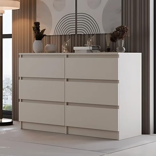 Home Collective Kommode, Schlafzimmer Flur, Schrank, Sideboard, Highboard mit 6 Schubladen, Breite 120 cm Höhe 75 | Beige Perfekt für Wohnzimmer, Schlafzimmer oder Esszimmer